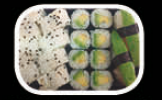Sushi de aguacate (2p), maki de aguacate (8p), maki de aguacate con pepino y zanahoria (8p)