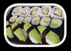 Sushi de aguacate (4p), maki de aguacate (6p), maki de aguacate, pepino y cangrejo (6p)